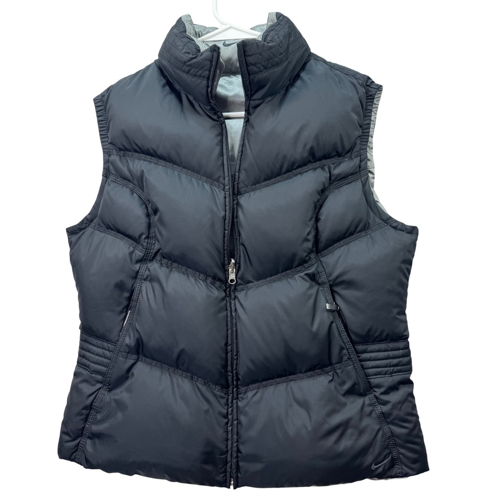 Nike Puffer Vest Women Large Black Down Fill Quilted Sporty Reversible Zip Up